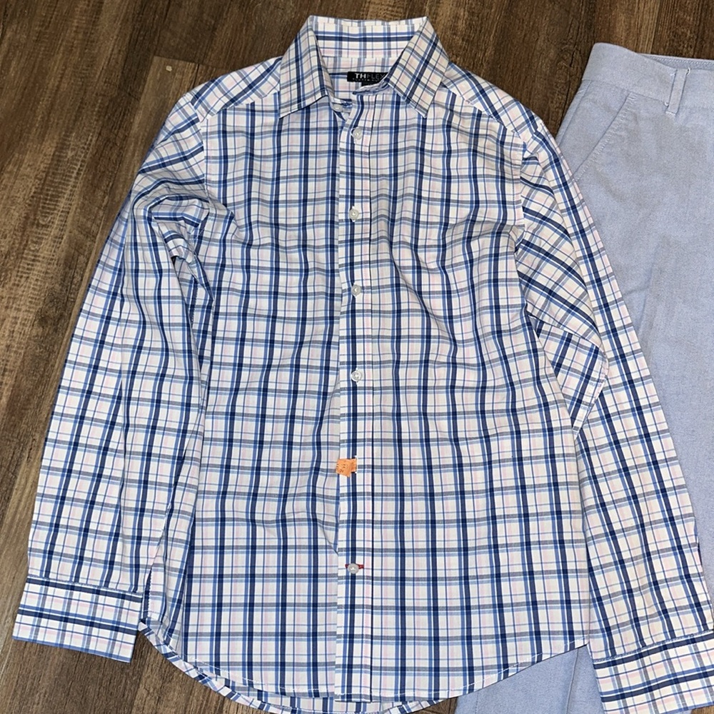 Tommy Hilfiger Boys Flex Plaid Dress Shirt & Blue Dress Pants 14 Dry Cleaned - Picture 2 of 5